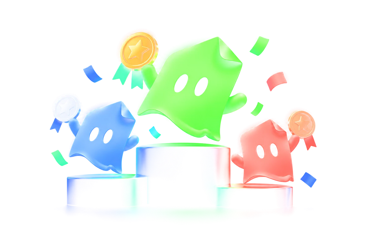 Three usepaper.fun ghosts on a podium holding gold, silver and bronze medals